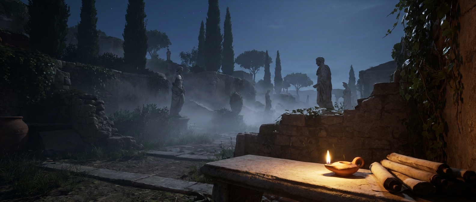 A Roman garden on a hill lies in moonlight, cypresses and marble statues stand in mist, a single oil lamp burns on a stone bench, no people