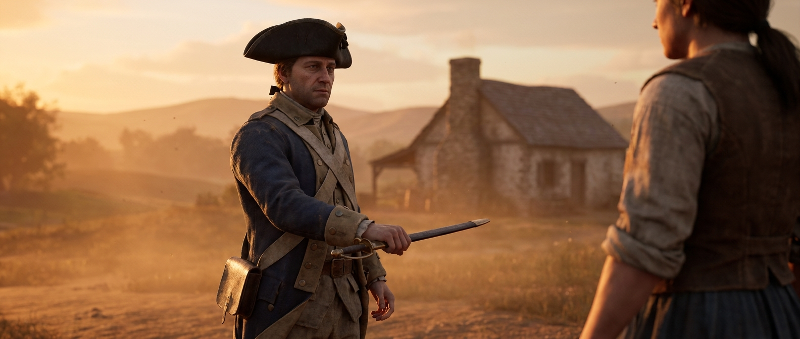 A man in 18th-century Continental Army uniform hands over his sword, looking toward a rural farmstead in the background