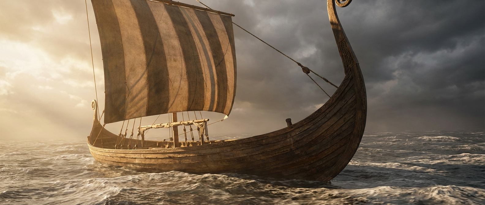 A single Viking longship with a square sail on a rough gray sea, warm golden light breaking through heavy storm clouds