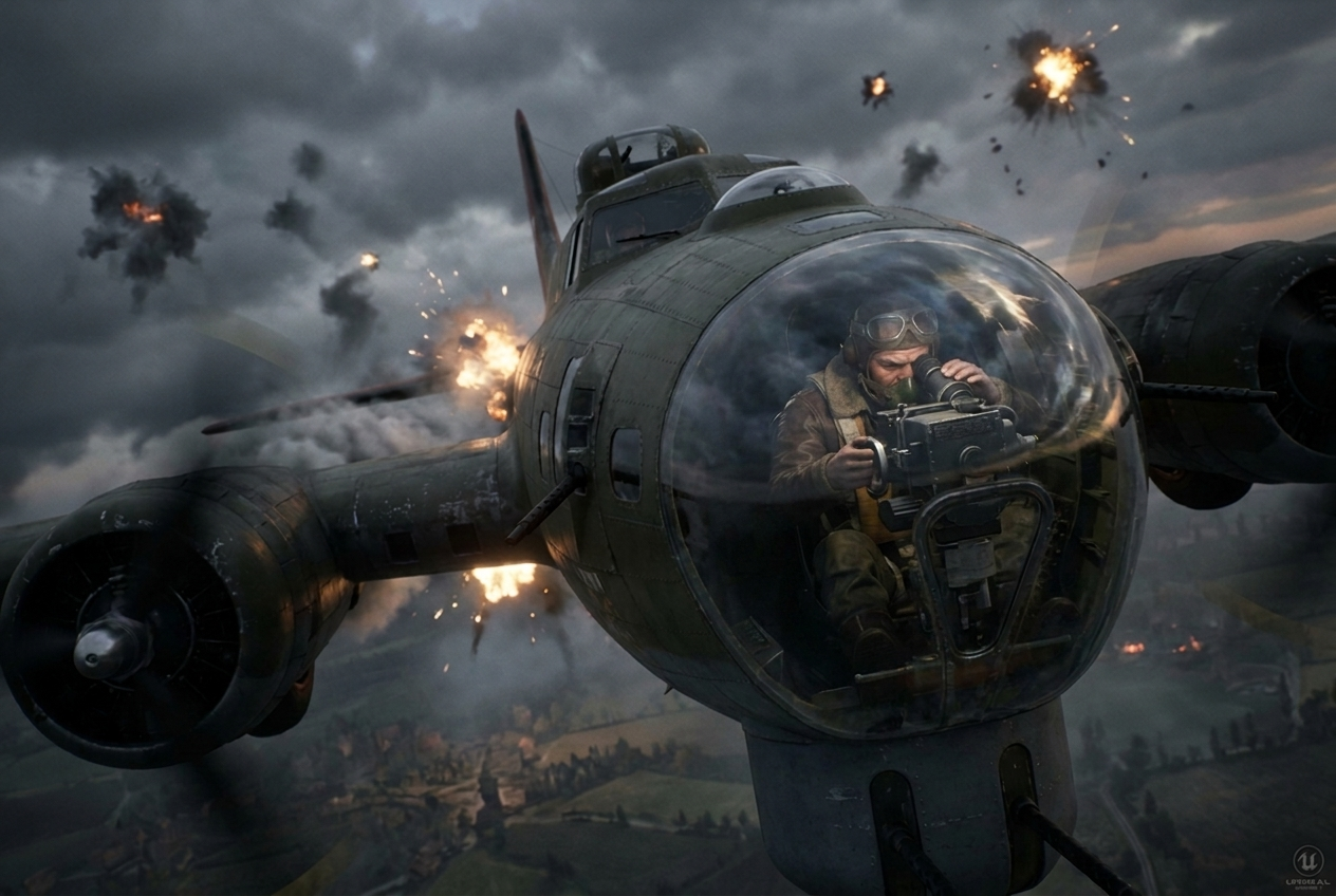 Ein Bombenschütze am Norden-Bombenvisier in der Glaskanzel eines B-17-Bombers, ringsum explodiert Flak