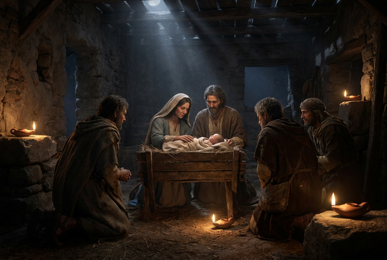 Mary and Joseph at the manger with the newborn Jesus as shepherds kneel in the glow of oil lamps in a simple stone stable