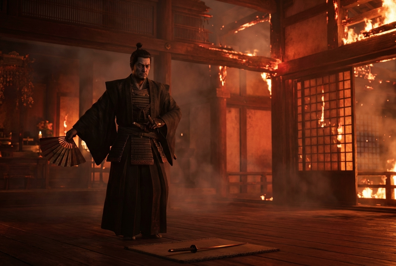 Oda Nobunaga steht mit einem Fächer in einer brennenden Tempelhalle, vor ihm liegt ein Kurzschwert auf einer Matte
