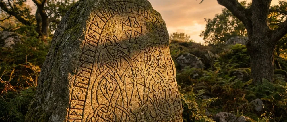 Nahaufnahme des Jelling-Runensteins mit sichtbaren nordischen Runeninschriften und verschlungenen Drachen- und Kreuzverzierungen Nahaufnahme des Jelling-Runensteins mit sichtbaren nordischen Runeninschriften und verschlungenen Drachen- und Kreuzverzierungen