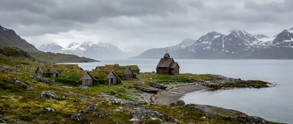 Eine kleine Wikinger-Siedlung mit Langhäusern und einer winzigen Holzkirche an einem grönländischen Fjord Eine kleine Wikinger-Siedlung mit Langhäusern und einer winzigen Holzkirche an einem grönländischen Fjord