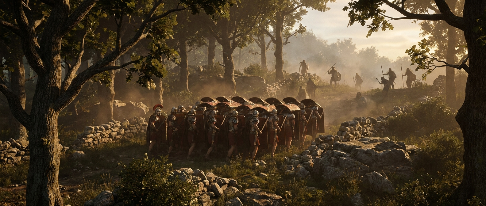 Roman legionaries stand tightly packed in a narrow mountain pass, surrounded by enemy warriors on the slopes above
