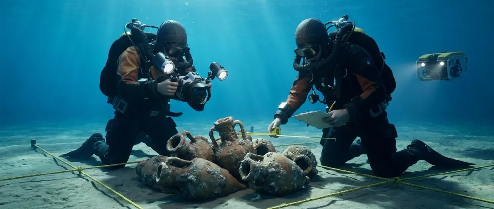 Underwater archaeologists carefully document ancient amphorae on the seafloor Underwater archaeologists carefully document ancient amphorae on the seafloor