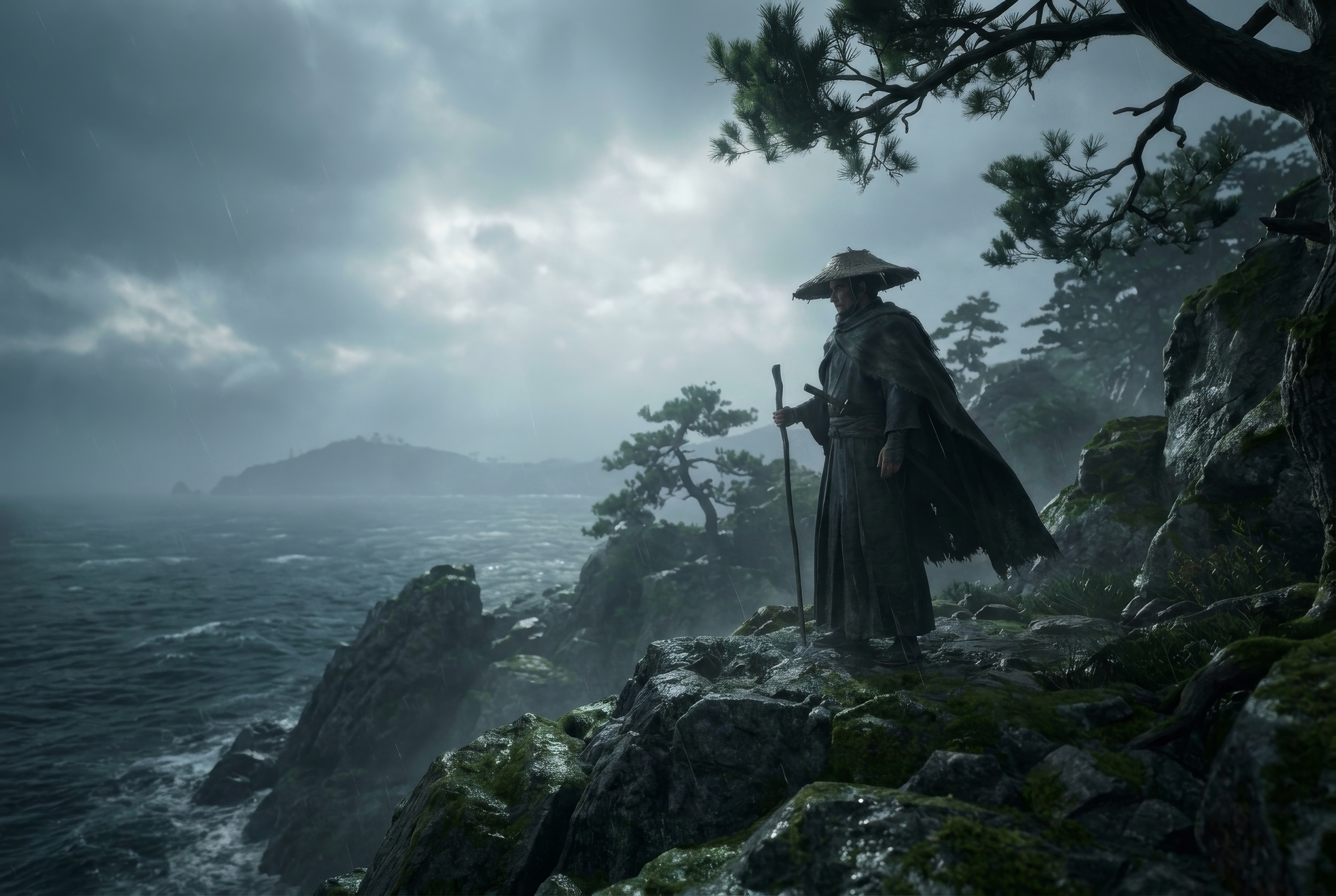 Ein japanischer Ronin mit Strohhut und Schwert steht im Regen auf einer felsigen Klippe über dem stürmischen Meer