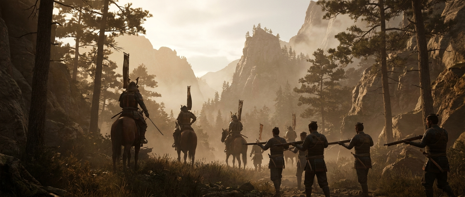 Samurai riders and matchlock gunners advance in a misty mountain valley