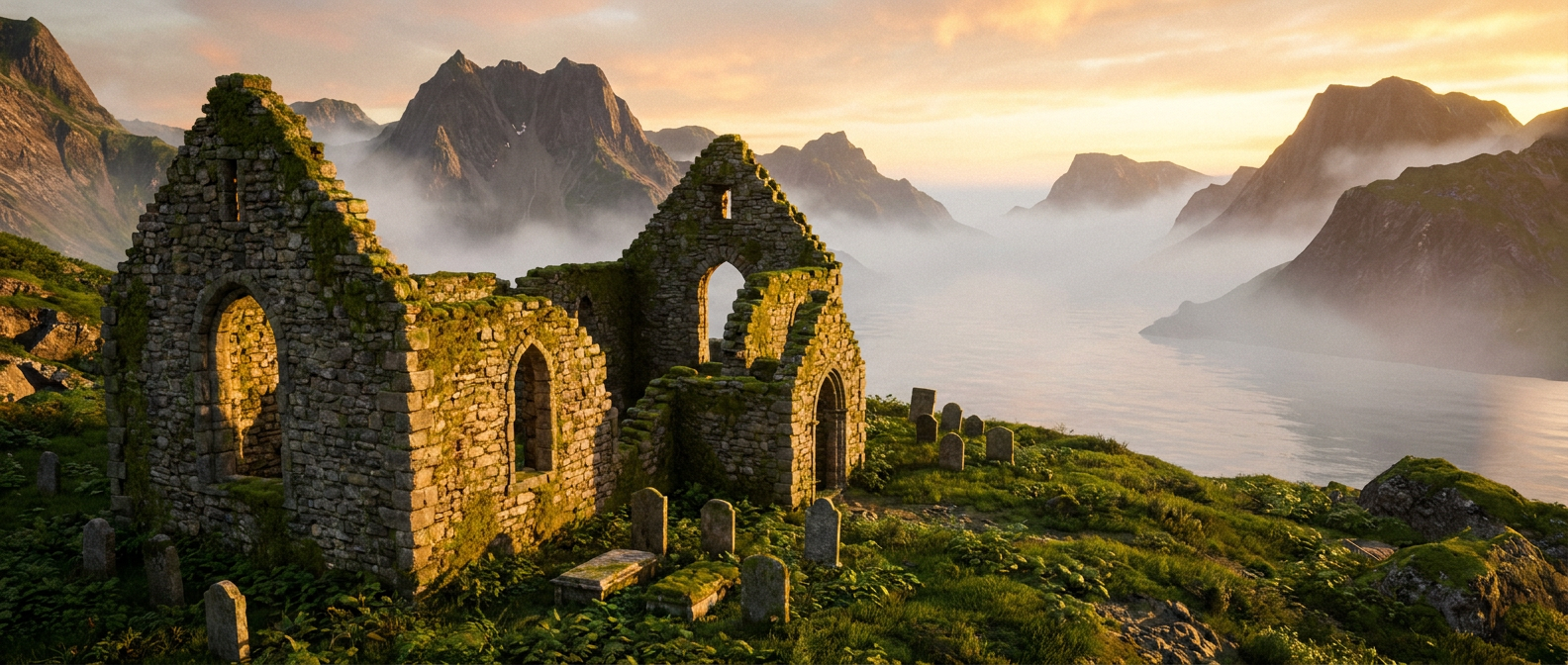 Die Steinmauern einer verfallenen mittelalterlichen Kirche stehen im Morgengrauen auf einem grünen Hang über einem Fjord in Südgrönland, Nebel liegt über dem Wasser, keine Menschen