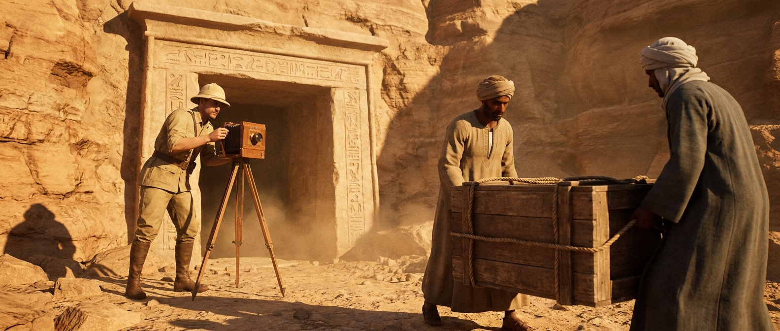 A photographer sets up a large camera on a tripod at a tomb entrance in the Valley of the Kings in the 1920s while workmen carry a wooden crate