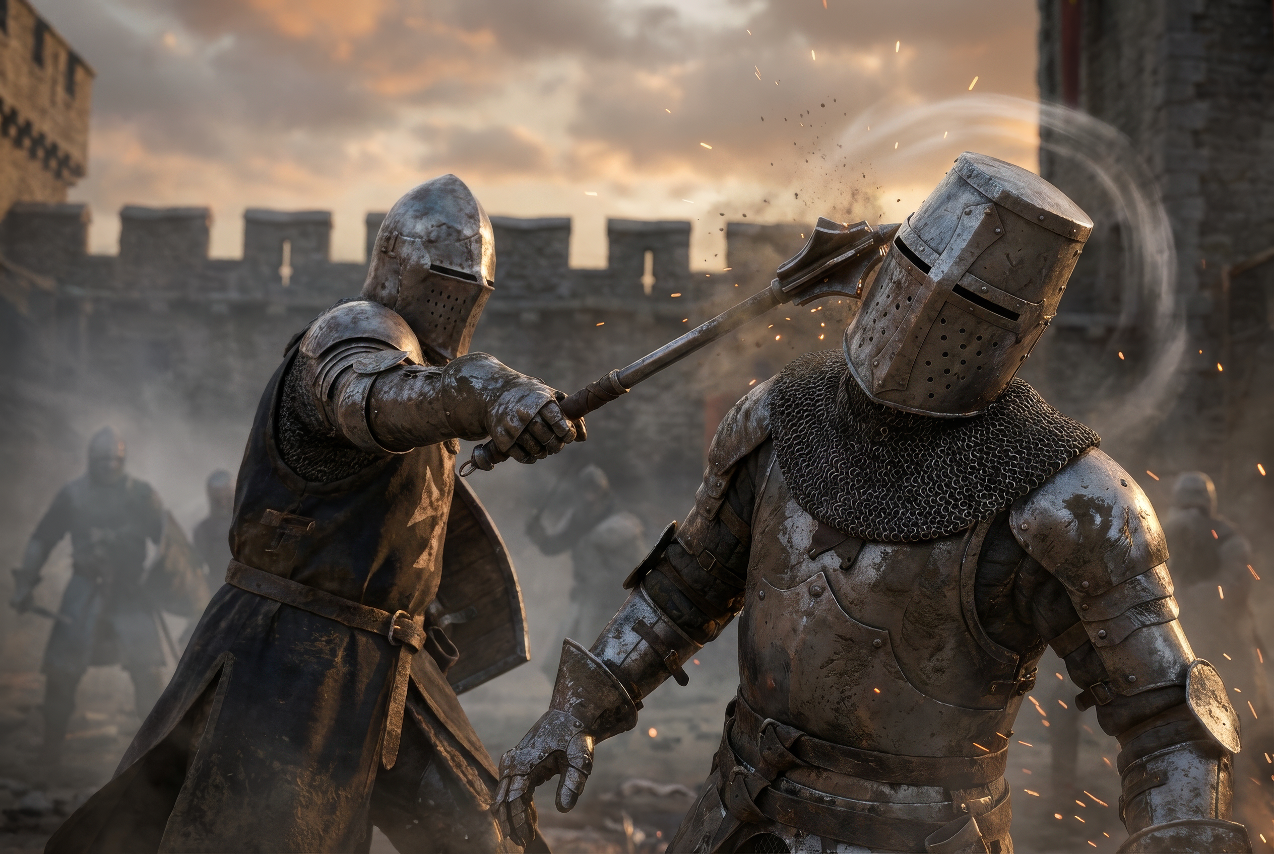Two knights in plate armor fight before a castle wall as a mace strikes the opponent's great helm in a shower of sparks