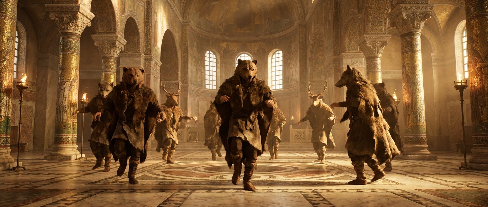 Warriors in animal skins and masks dance in a marble Byzantine palace hall