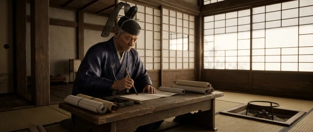 A samurai in administrative robes sits at a desk with documents, not in combat armor A samurai in administrative robes sits at a desk with documents, not in combat armor