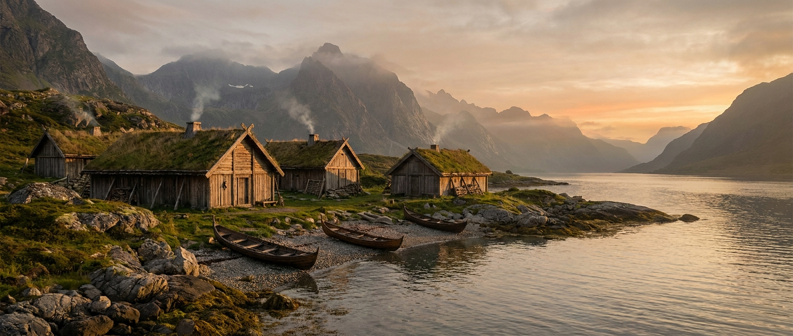 A Norse village of timber longhouses with turf roofs on a fjord shore with a few small boats