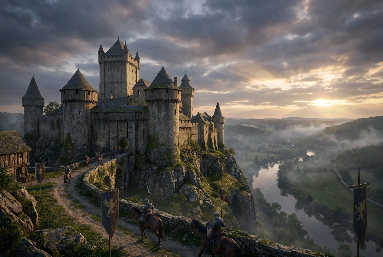 Mounted knights ride toward a mighty castle on a rocky cliff in low sunlight, above a river winding through a misty valley