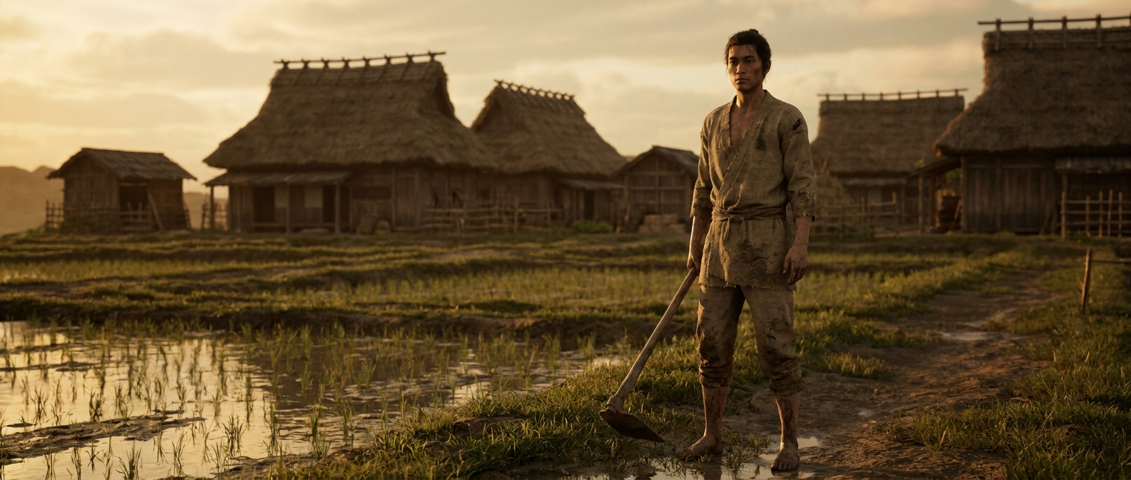 A lean young man in rough peasant clothing stands at the edge of a rice paddy in a Japanese village