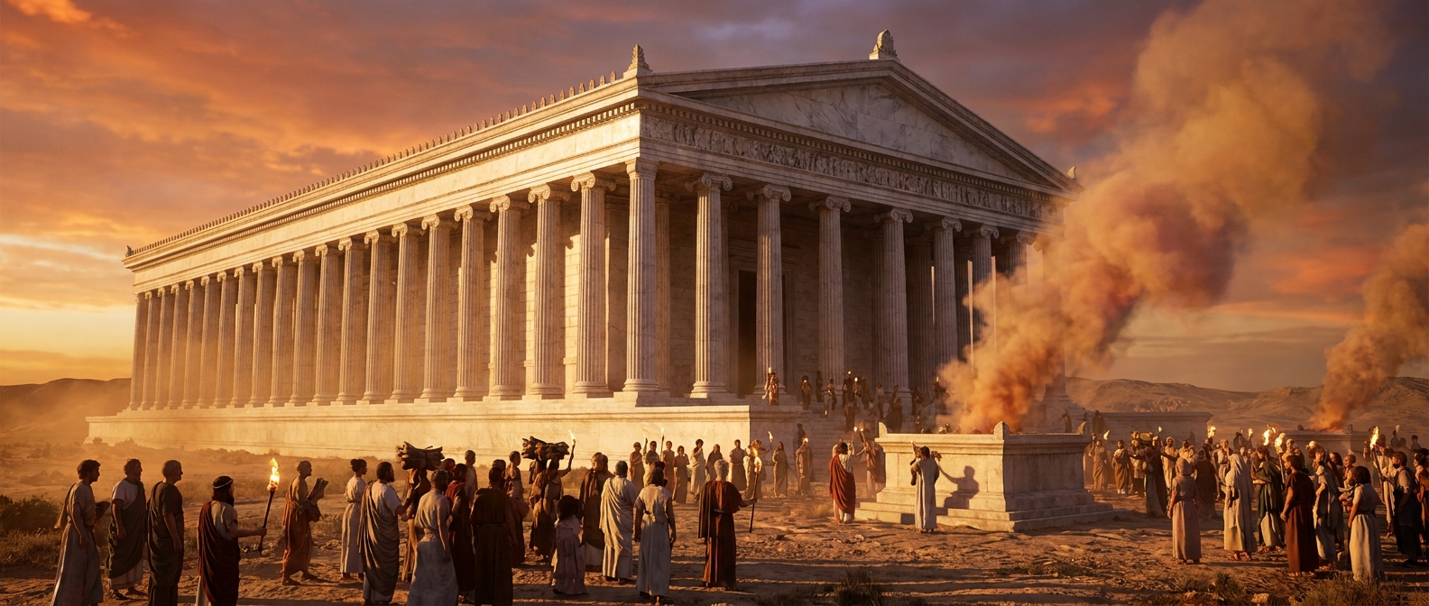 The enormous Ionic marble Temple of Artemis at Ephesus at sunset, a very long rectangular building with a double row of tall columns on every side, pilgrims gathering at its base, smoke rising from an altar