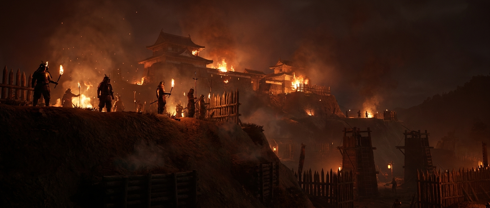 A Japanese castle on a hill burns at night during a siege in 1600, samurai stand on the walls