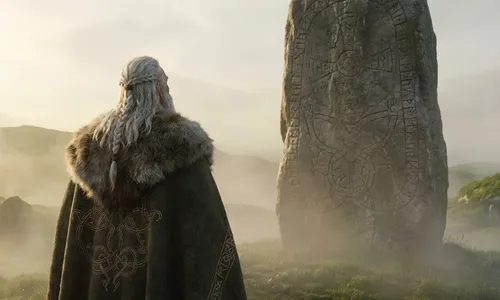 Wikingerkönig Harald Blauzahn von hinten gesehen vor einem großen Runenstein in nebliger Morgenlandschaft