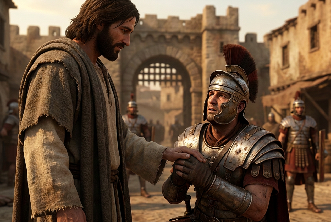 A Roman centurion in armor kneels before Jesus at the town gate and holds his hands, pleading