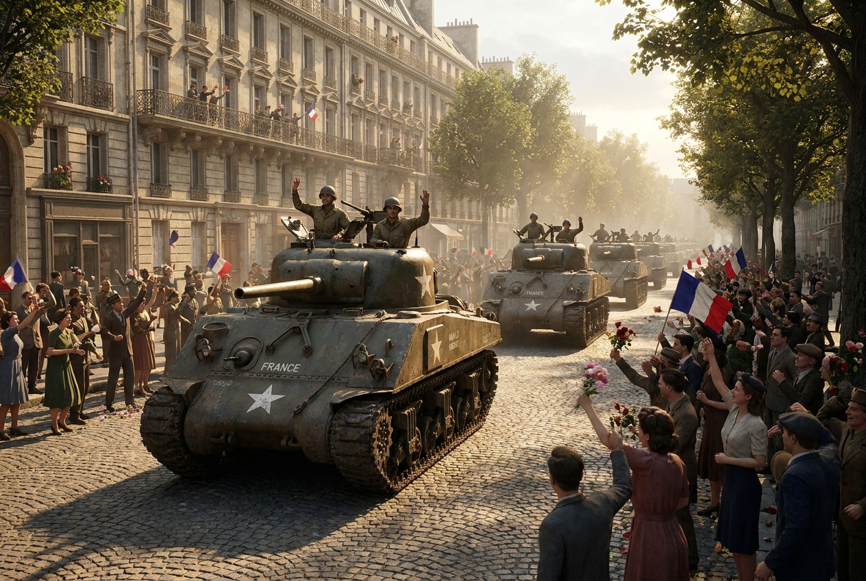 Französische Sherman-Panzer rollen durch Paris, jubelnde Menschen mit Trikoloren und Blumen säumen die Straße