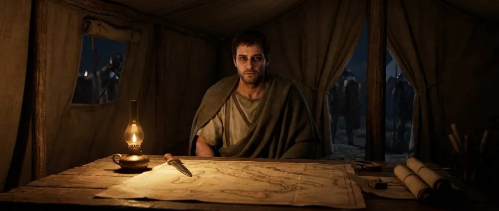 A Roman commander sits alone in a tent at night, an oil lamp lighting a map on the table A Roman commander sits alone in a tent at night, an oil lamp lighting a map on the table