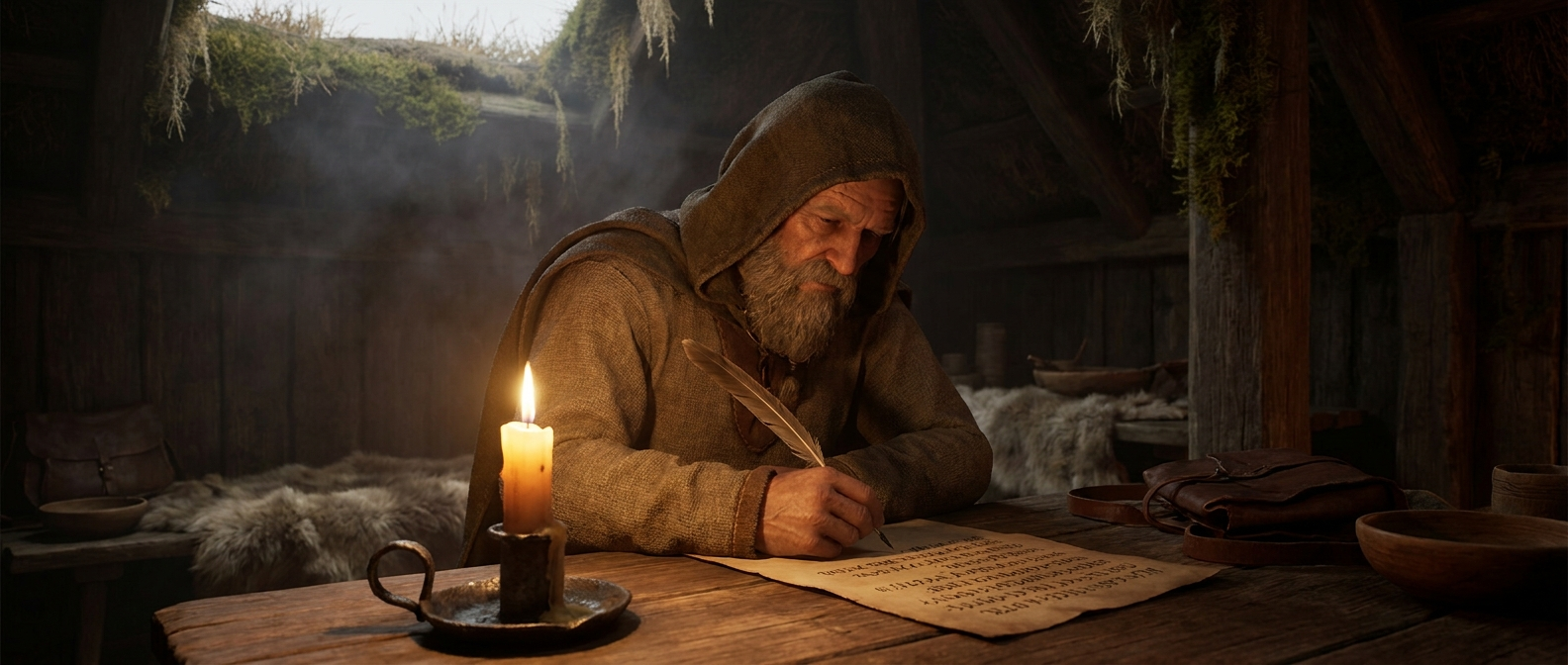 An Icelandic scholar writes on parchment by candlelight in a turf-roofed hall in the 13th century
