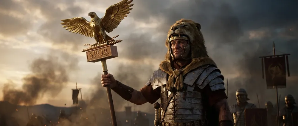 Ein römischer Legionär hält einen goldenen Adler-Standarte mit SPQR-Inschrift hoch in die Luft Ein römischer Legionär hält einen goldenen Adler-Standarte mit SPQR-Inschrift hoch in die Luft
