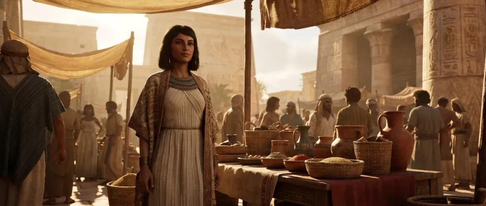 An ancient Egyptian woman in traditional dress standing confidently at a marketplace An ancient Egyptian woman in traditional dress standing confidently at a marketplace