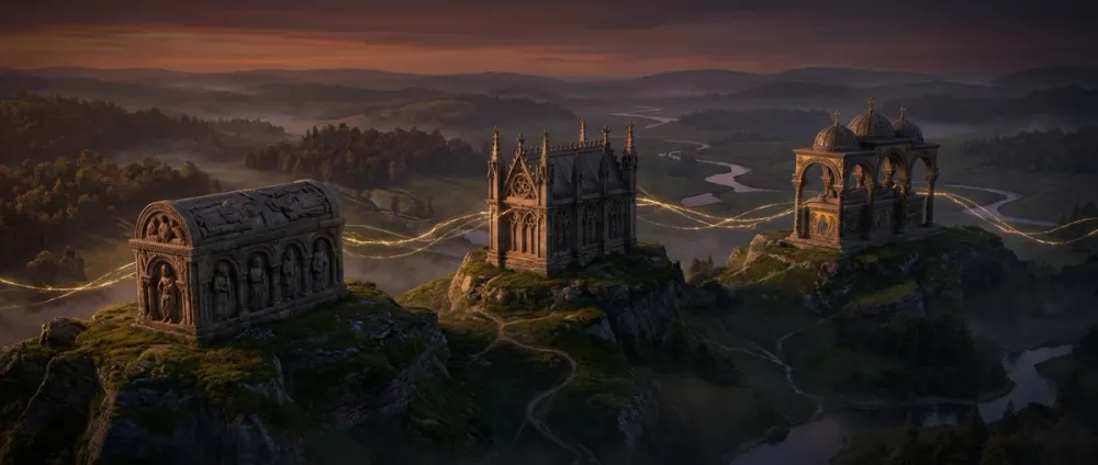 Three ornate medieval tombs in different architectural styles, connected by golden threads of light, dusk landscape Three ornate medieval tombs in different architectural styles, connected by golden threads of light, dusk landscape