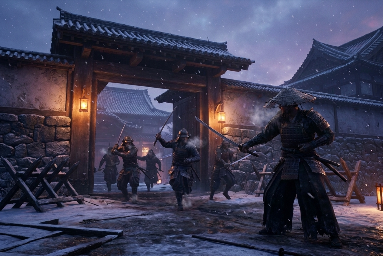Herrenlose Samurai stürmen im Schneefall bei Morgengrauen mit gezogenen Schwertern das Tor eines Anwesens