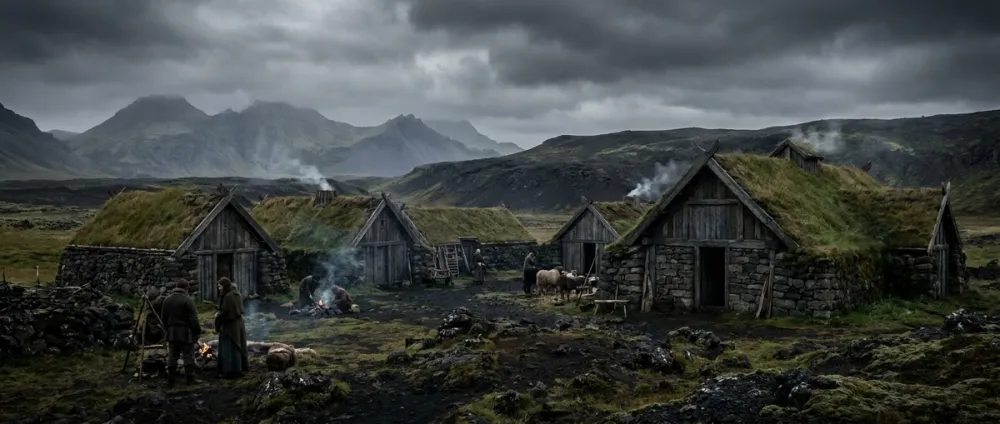 Ein traditionelles isländisches Wikinger-Gehöft mit Grasdach in einer kargen, vulkanischen Landschaft Ein traditionelles isländisches Wikinger-Gehöft mit Grasdach in einer kargen, vulkanischen Landschaft