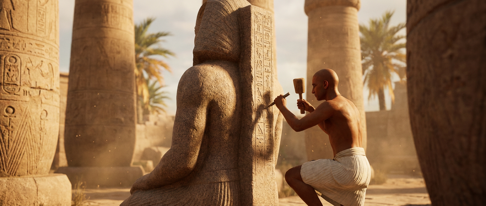 An ancient Egyptian scribe cuts a royal name into the back pillar of a granite statue in a temple courtyard
