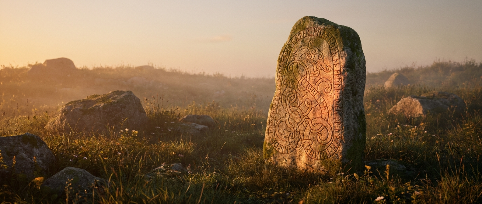 A weathered rune stone with carved serpent patterns stands in the morning mist in a Scandinavian meadow