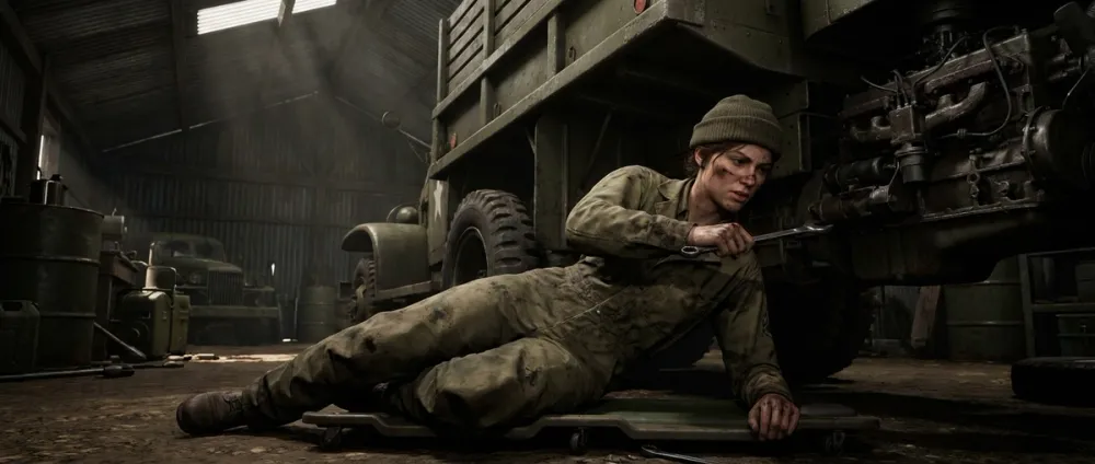 A young woman in 1940s military uniform working underneath a military vehicle A young woman in 1940s military uniform working underneath a military vehicle