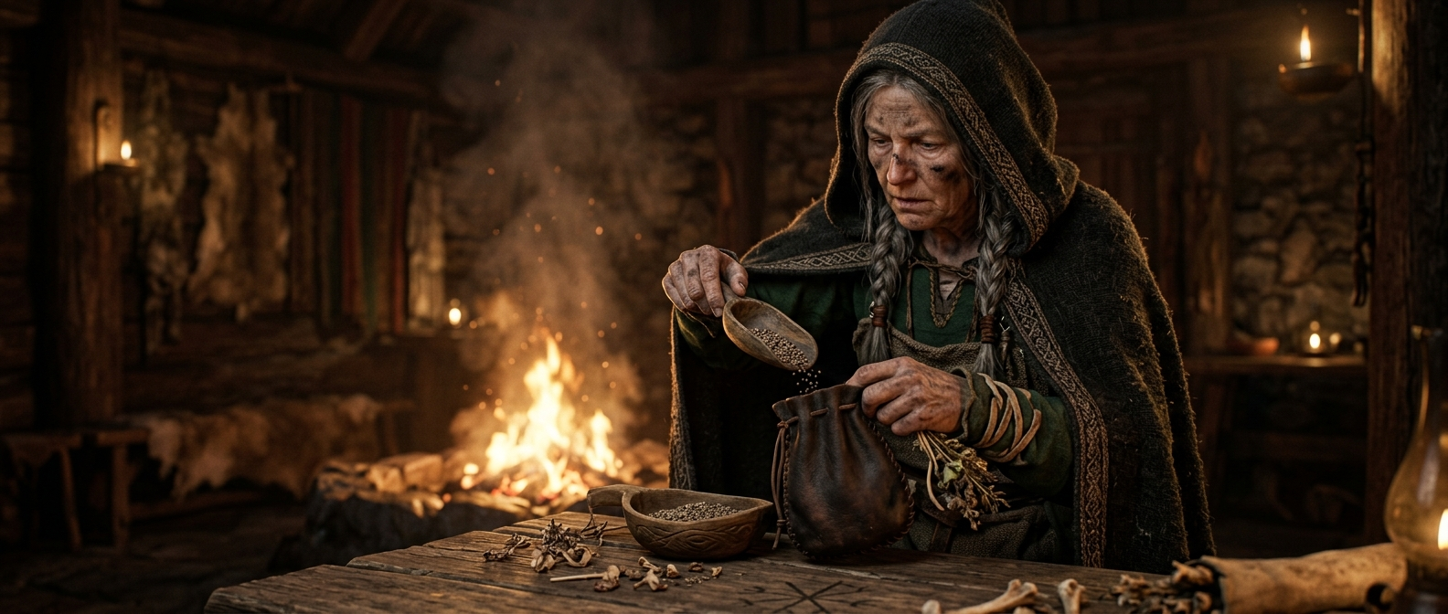 A Viking seeress in a hooded cloak pours henbane seeds into a leather pouch by a fire