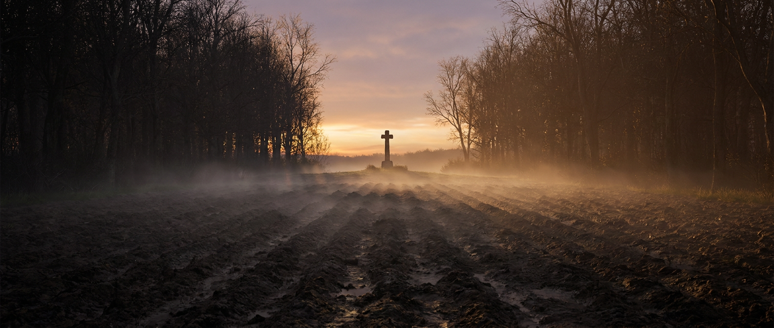 Ein gepflügtes Feld liegt im Morgengrauen zwischen zwei dichten Wäldern in Nordfrankreich, Nebel hängt über den Furchen, in der Ferne steht ein steinernes Gedenkkreuz, keine Menschen