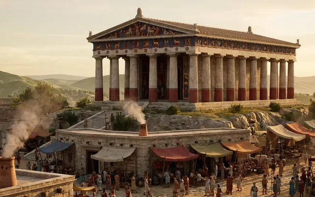 Der gut erhaltene dorische Tempel des Hephaistos steht mit vollständiger Säulenreihe auf einem Hügel über der Agora von Athen im goldenen Licht