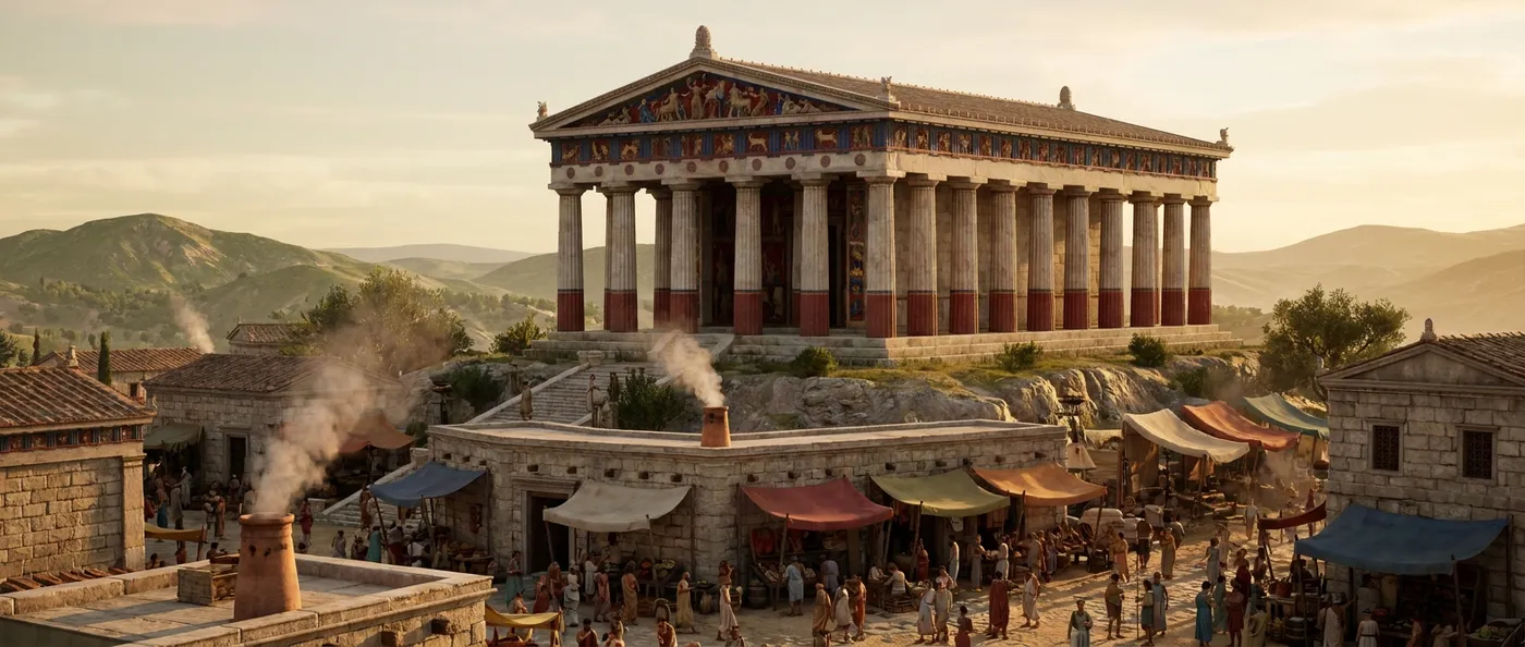 Der gut erhaltene dorische Tempel des Hephaistos steht mit vollständiger Säulenreihe auf einem Hügel über der Agora von Athen im goldenen Licht