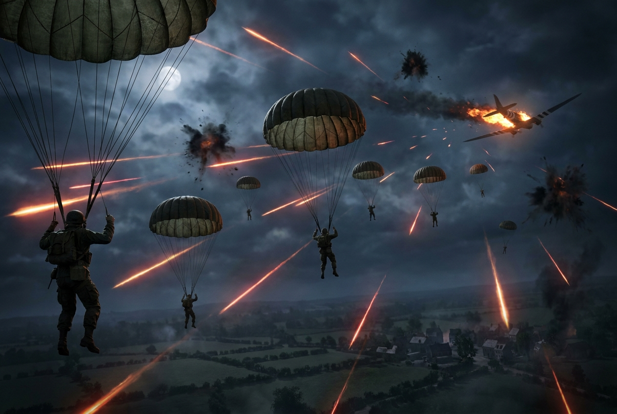 Amerikanische Fallschirmjäger schweben nachts über der Normandie, ringsum Flakfeuer und Leuchtspur, in der Ferne brennt ein Transportflugzeug