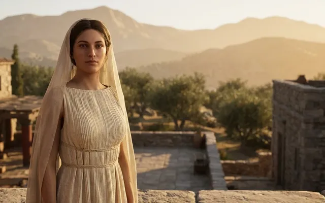 A woman in a long pleated Greek gown and light veil stands facing the camera on a sunlit palace terrace, olive trees and distant mountains behind her