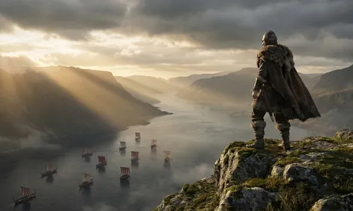 Ein Wikinger-Häuptling steht auf einer felsigen Klippe und blickt über eine weite Fjordlandschaft mit Langschiffen in der Ferne