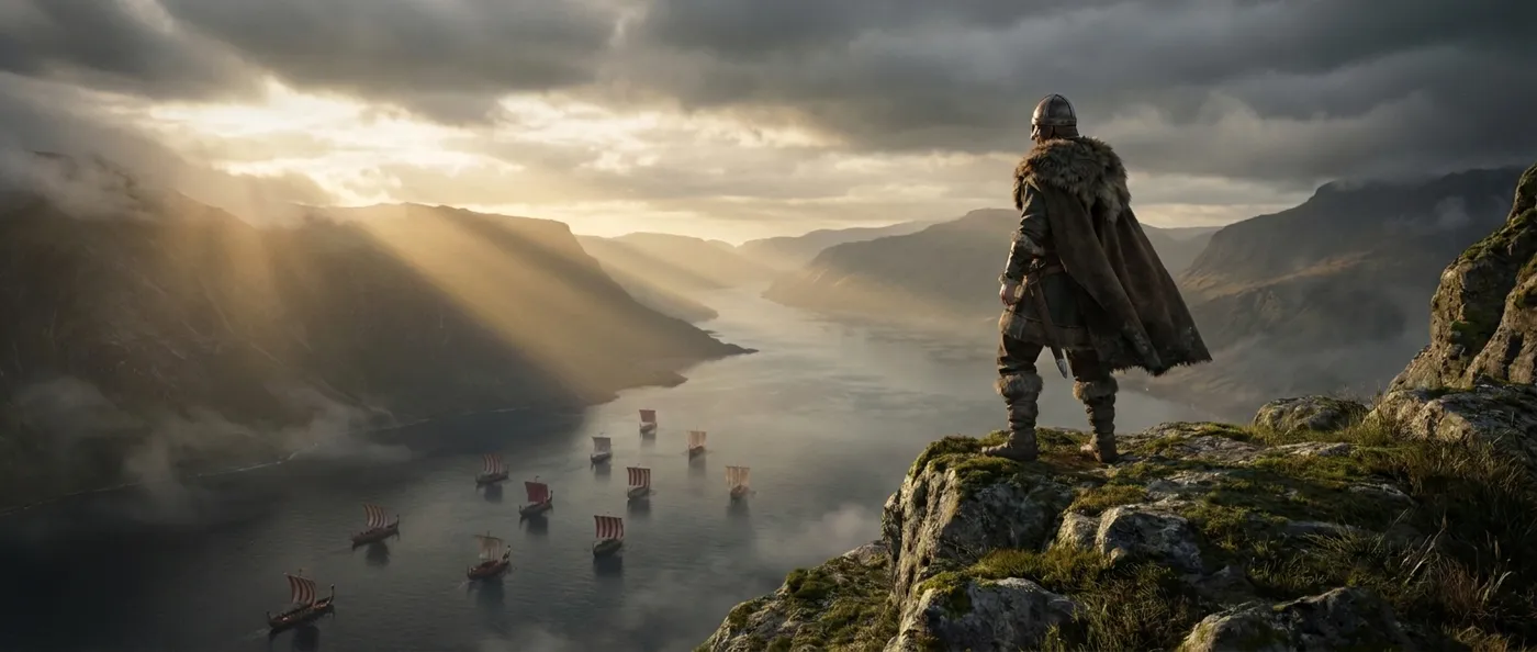 A Viking chieftain standing on a rocky cliff overlooking a vast fjord landscape with longships sailing below