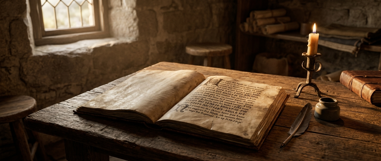 An open medieval Icelandic manuscript on vellum lies on a wooden table beside a quill and a candle