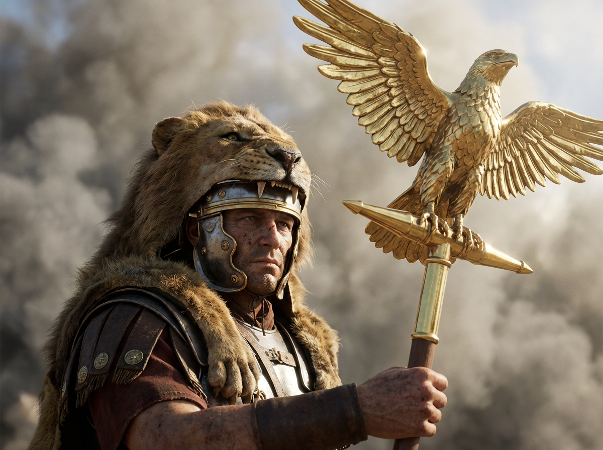 A Roman aquilifer wearing a lion pelt over his helmet holds the golden legionary eagle against rising clouds of smoke.