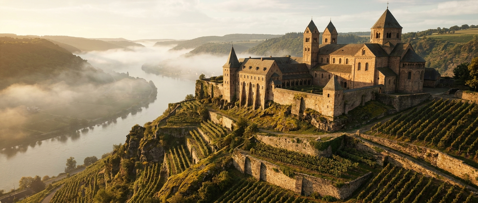A Benedictine monastery on a hilltop above the Rhine in the 12th century, vineyards on the slopes and morning mist in the valley
