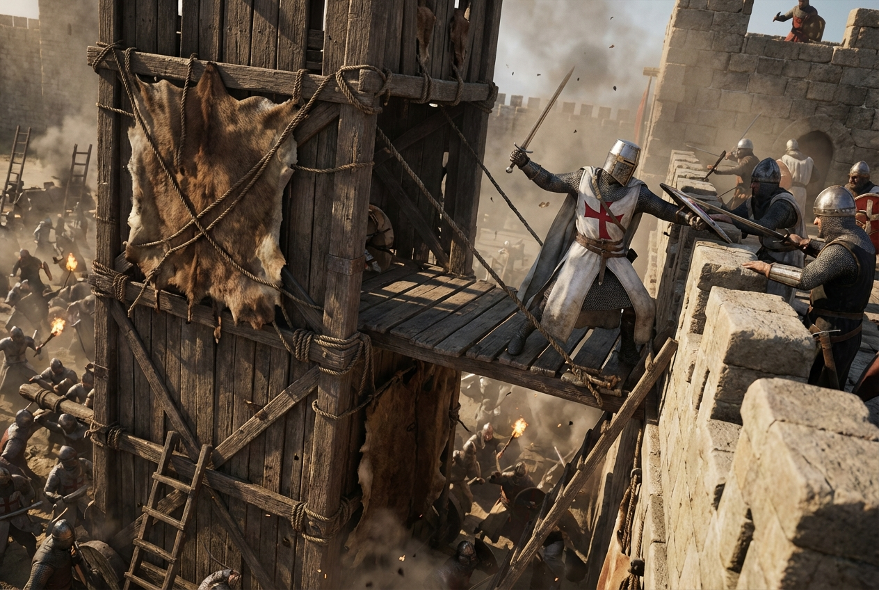 A Templar knight leaps from a siege tower onto a castle wall as defenders in chain mail rush to meet him