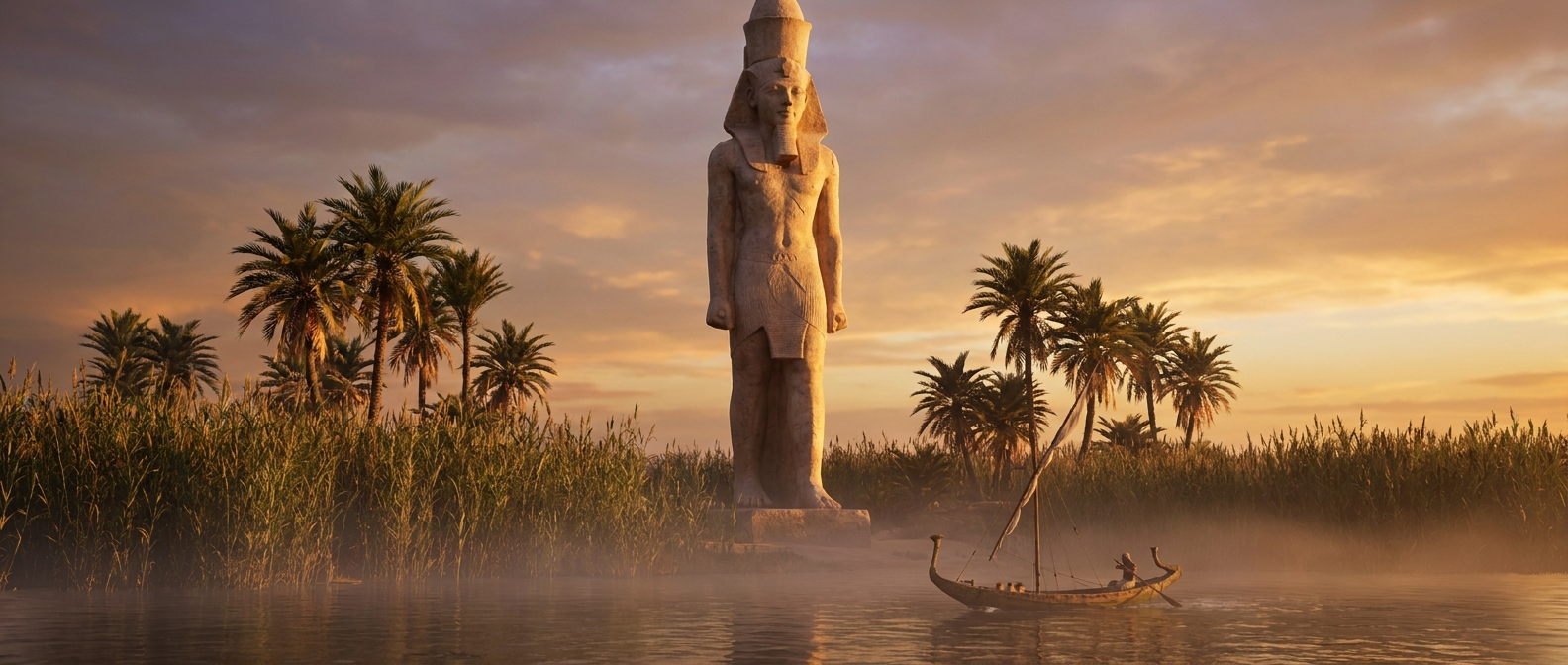 A colossal standing statue of a pharaoh on the quiet Nile bank at dawn while a fishing boat passes