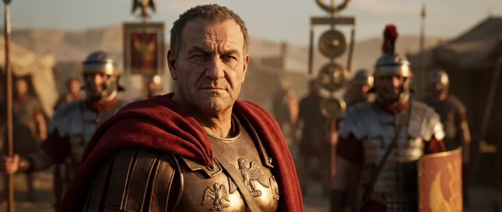 The general Vespasian, a stocky man around sixty with a weathered face, looks into the camera wearing a cuirass The general Vespasian, a stocky man around sixty with a weathered face, looks into the camera wearing a cuirass