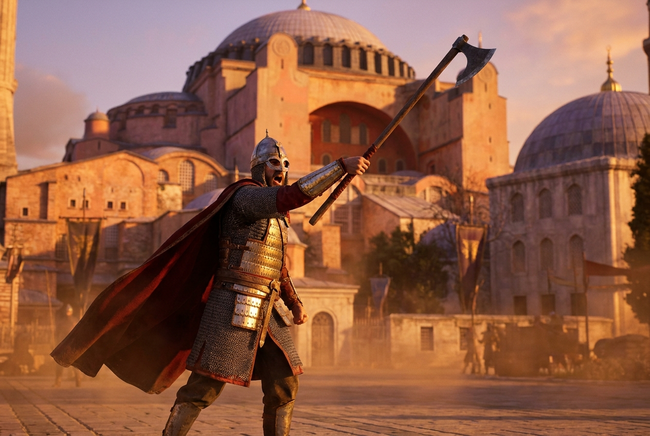 Ein Krieger der Warägergarde reckt vor der Hagia Sophia in Konstantinopel brüllend seine Axt in die Höhe
